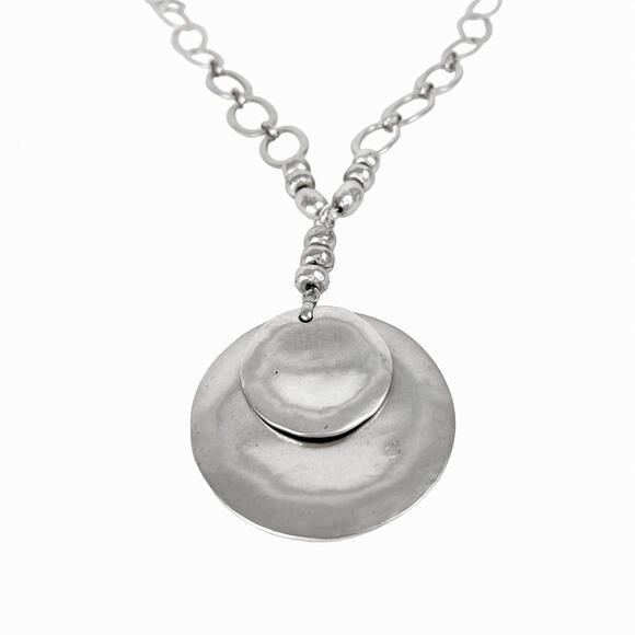 Chico's Pendant Necklace Silver Tone Modernist Double Medallion Discs Open Links - Picture 9 of 13